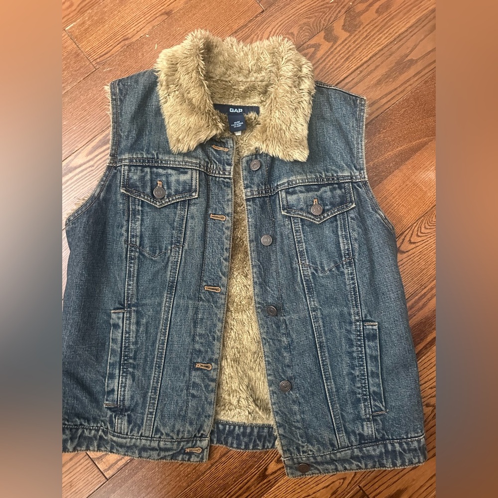 GAP Blue Denim Vest with Tan Faux Fur